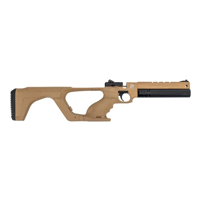 Tan and black firearm on a white background