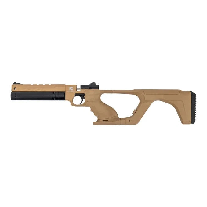 Tan and black firearm on a white background