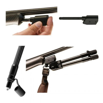 Collage of a rifle with adjustable stock and a hand holding it on a white background