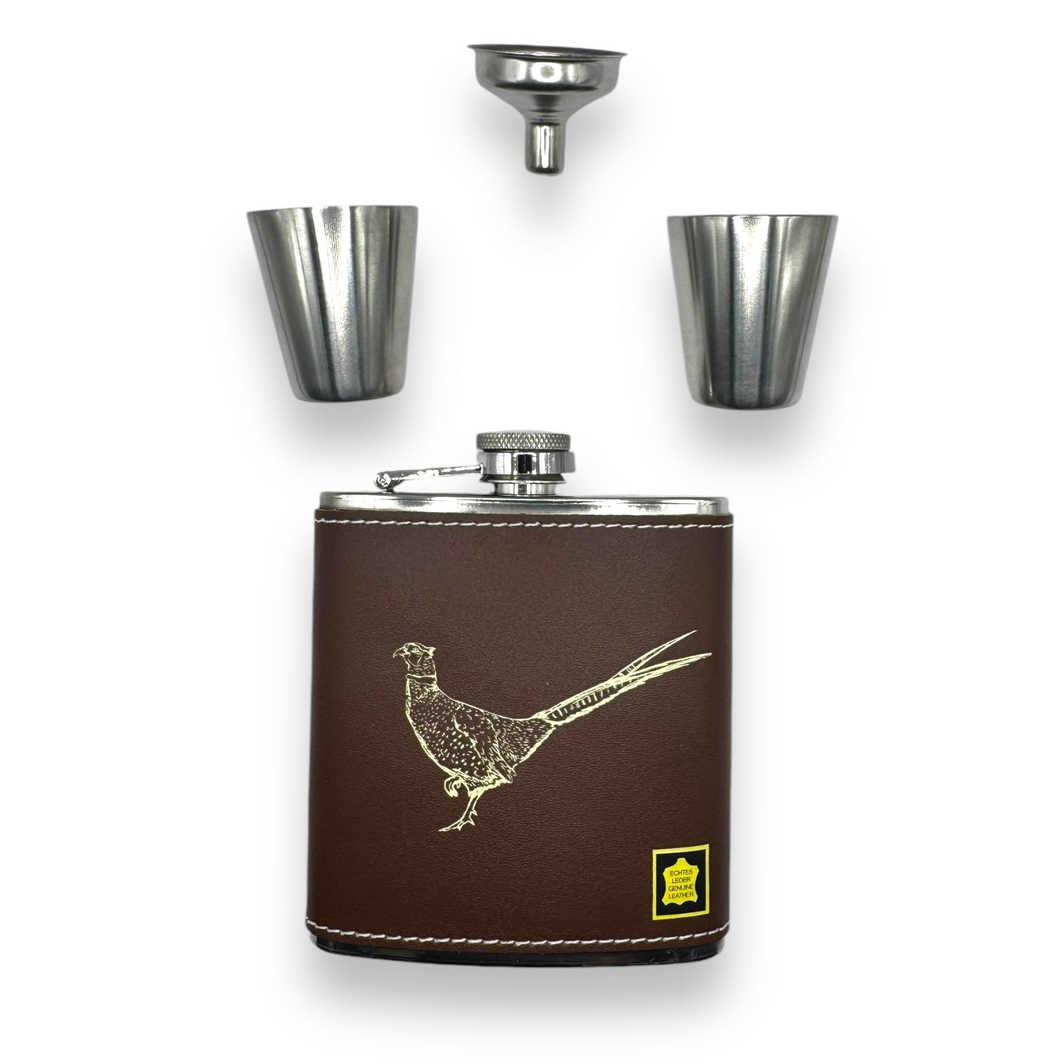 6oz Brown Geuine Leather Flask Presentation Set by Bisley