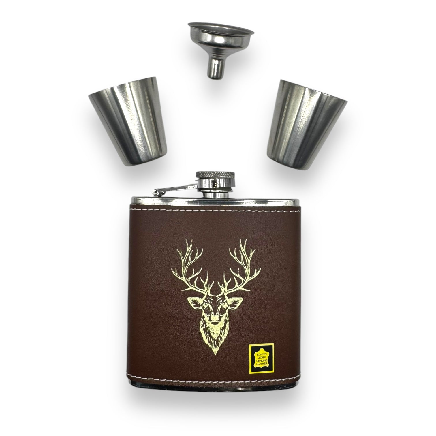 6oz Brown Geuine Leather Flask Presentation Set by Bisley