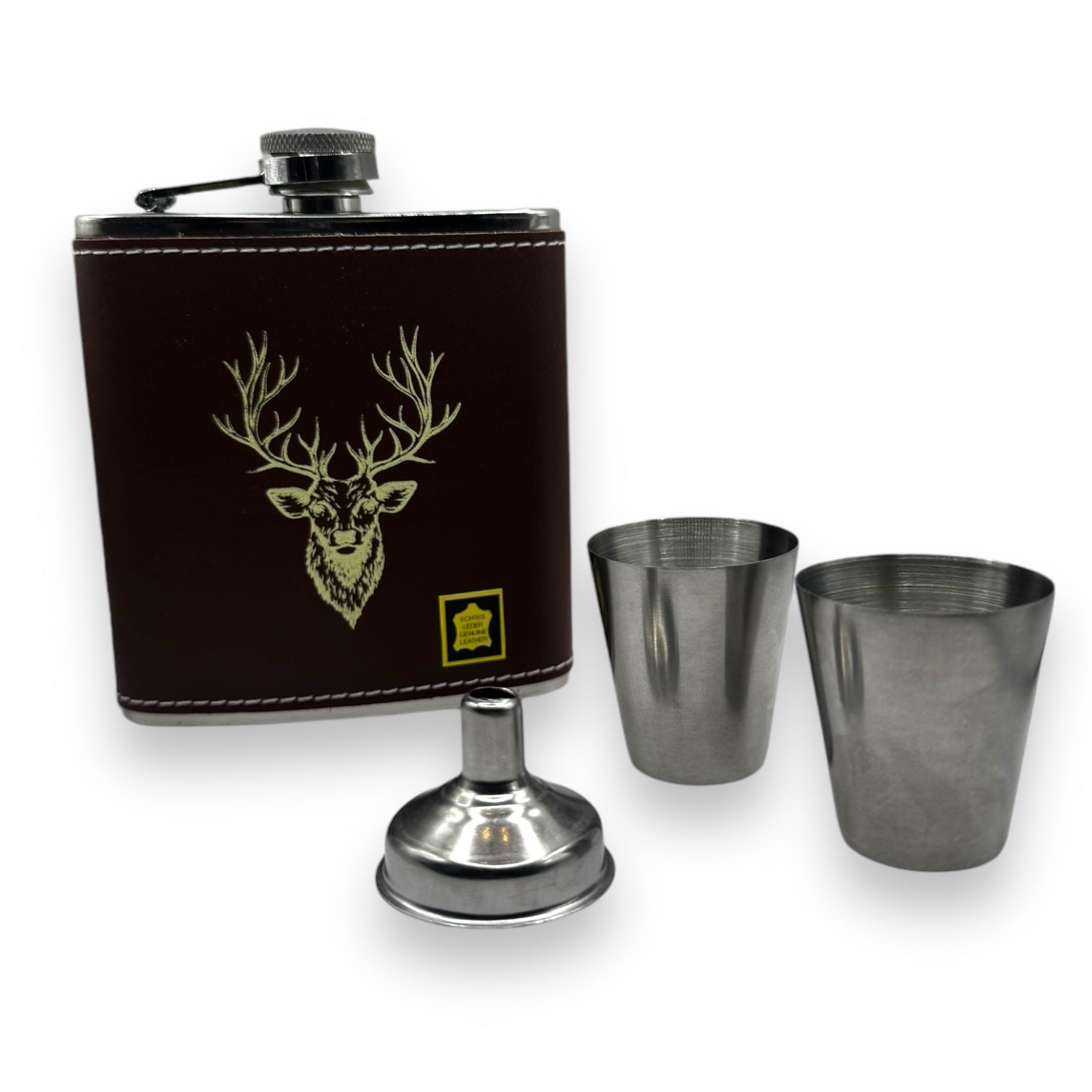 6oz Brown Geuine Leather Flask Presentation Set by Bisley