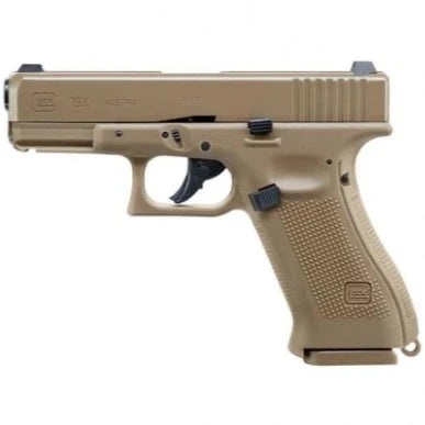 Tan handgun on a white background