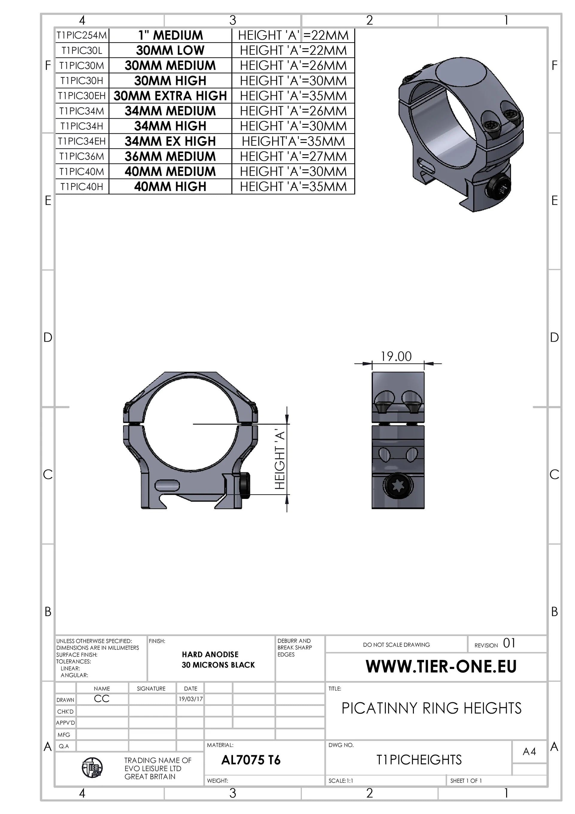 Tier one Picatinny Ringset 30mm High