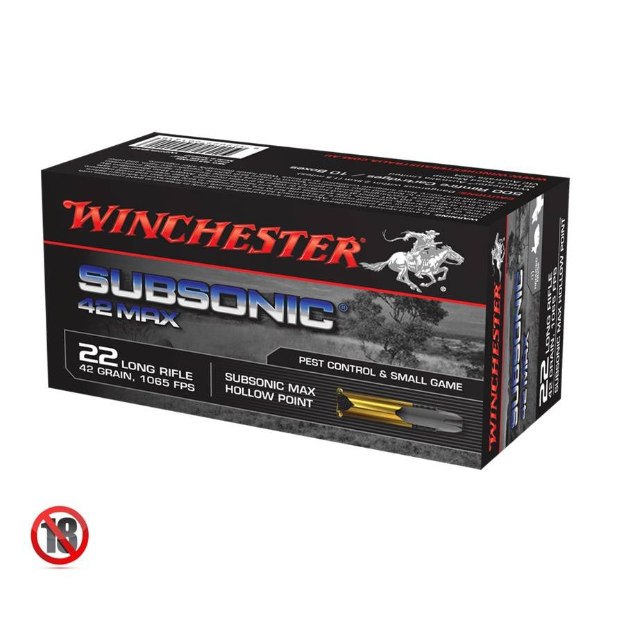 Winchester Subsonic 42 Max 22LR 42 Grain 325 M/S, 1065 FPS HP