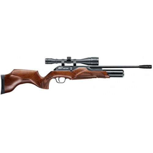 Wooden air rifle with scope on a white background